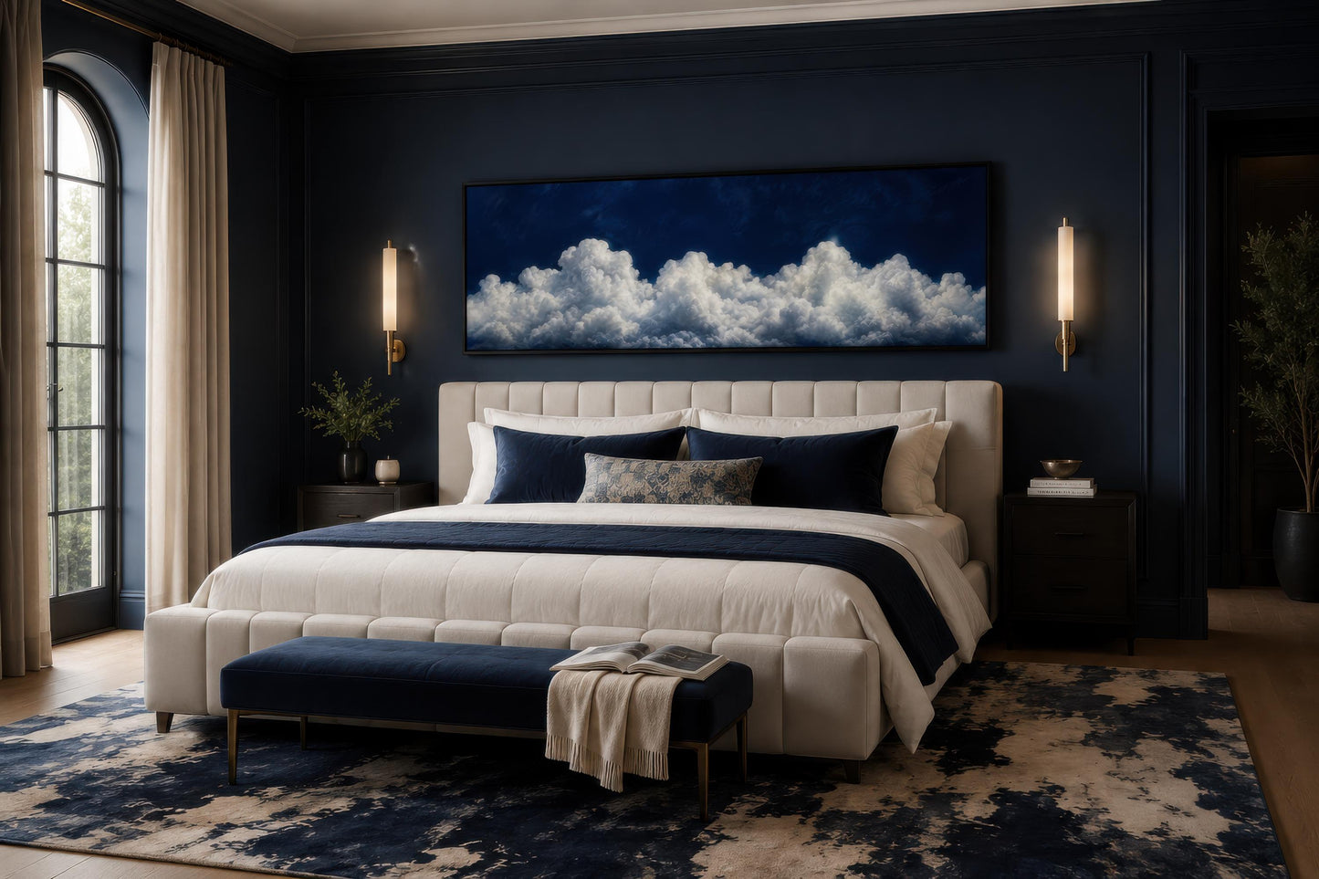 Navy Blue Cloud Wall Art - Long Narrow Bedroom Canvas Print