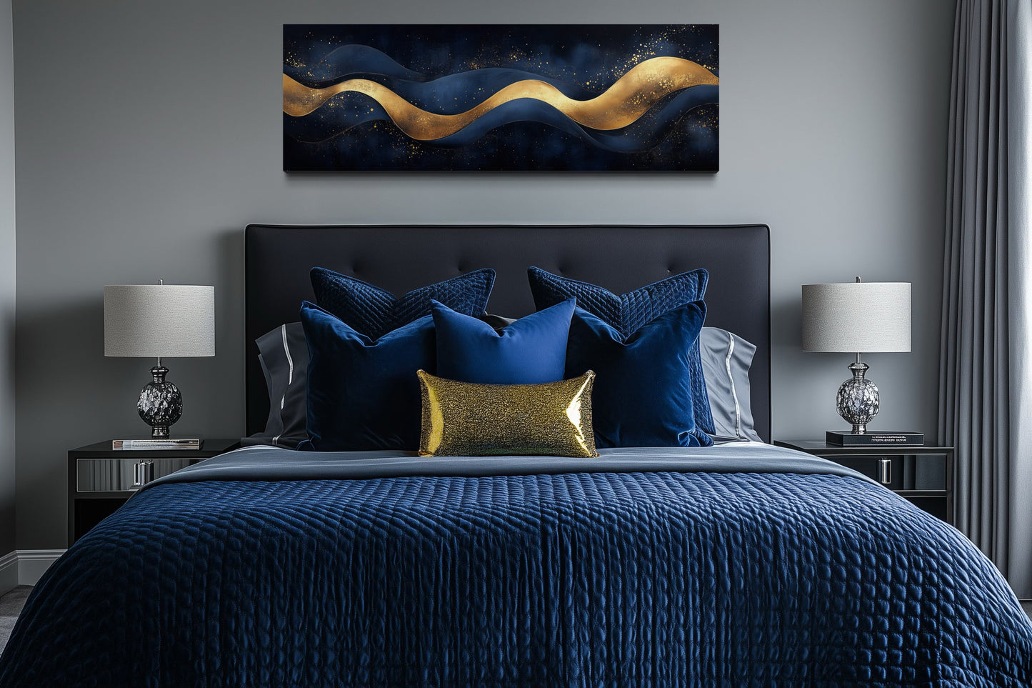 Navy Blue Gold Modern Abstract Above Bed Canvas Wall Art