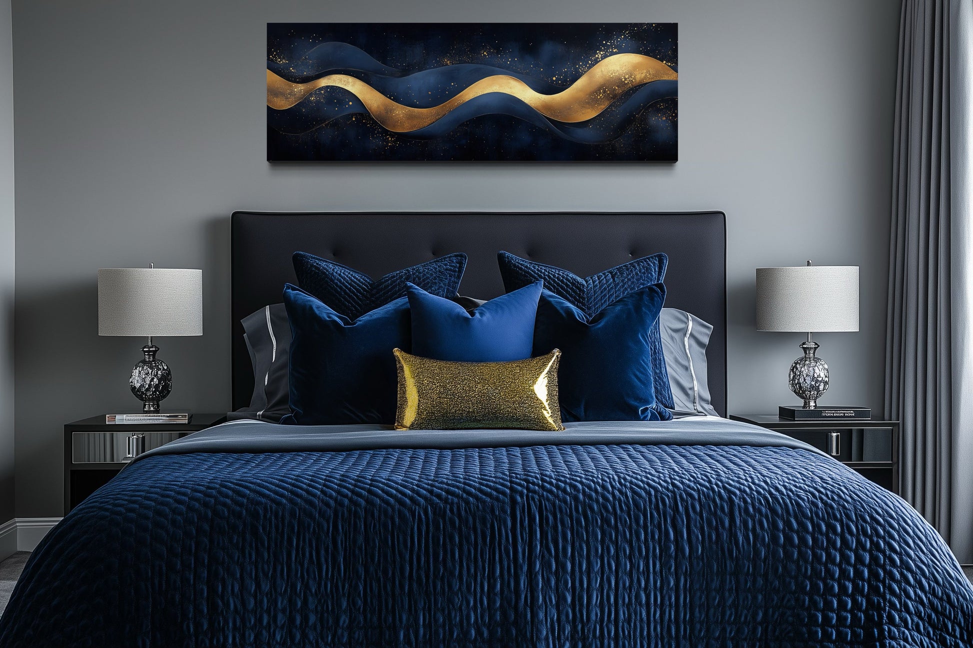 Navy Blue Gold Modern Abstract Above Bed Canvas Wall Art