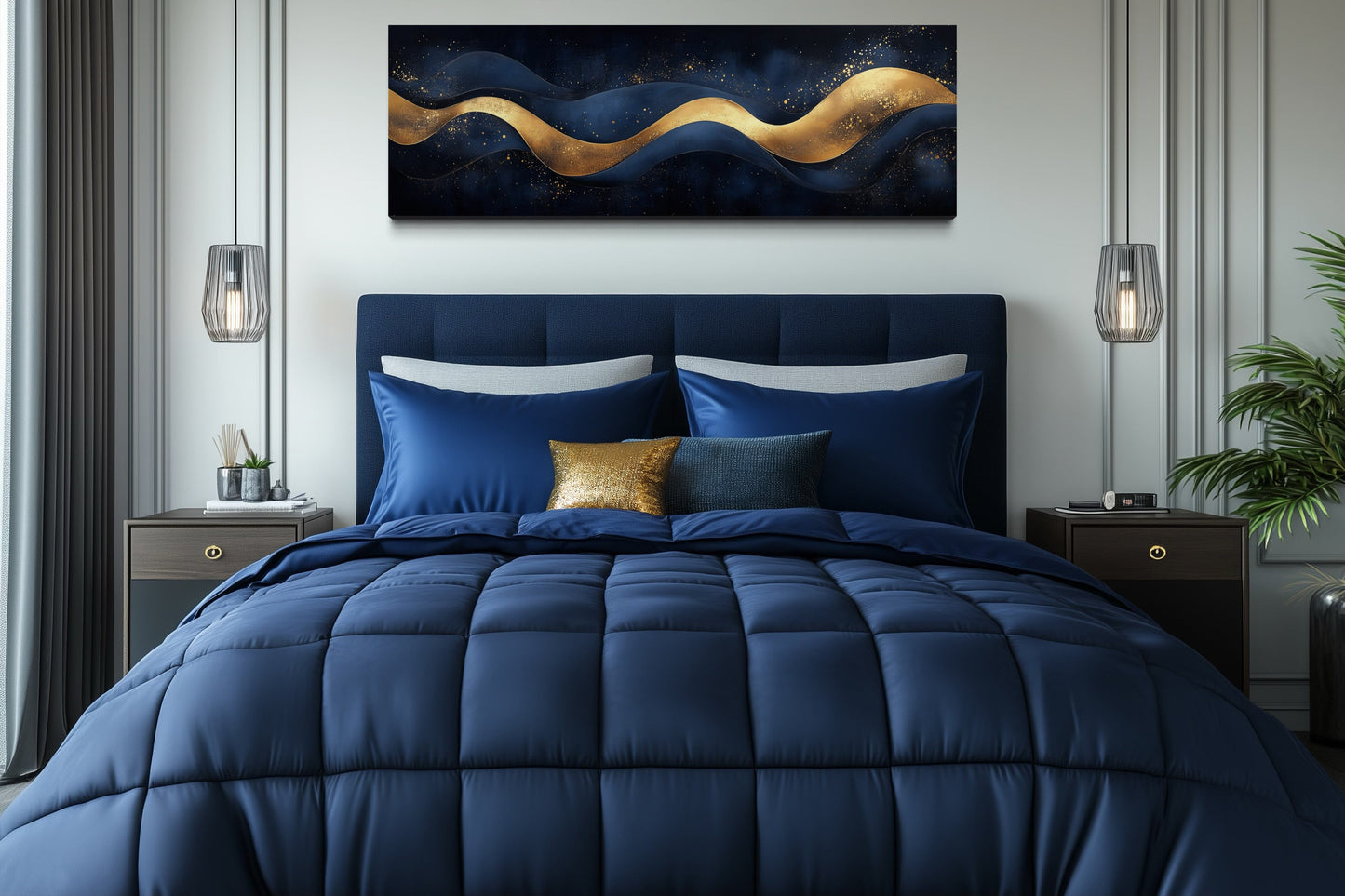 Navy Blue Gold Modern Abstract Above Bed Canvas Wall Art
