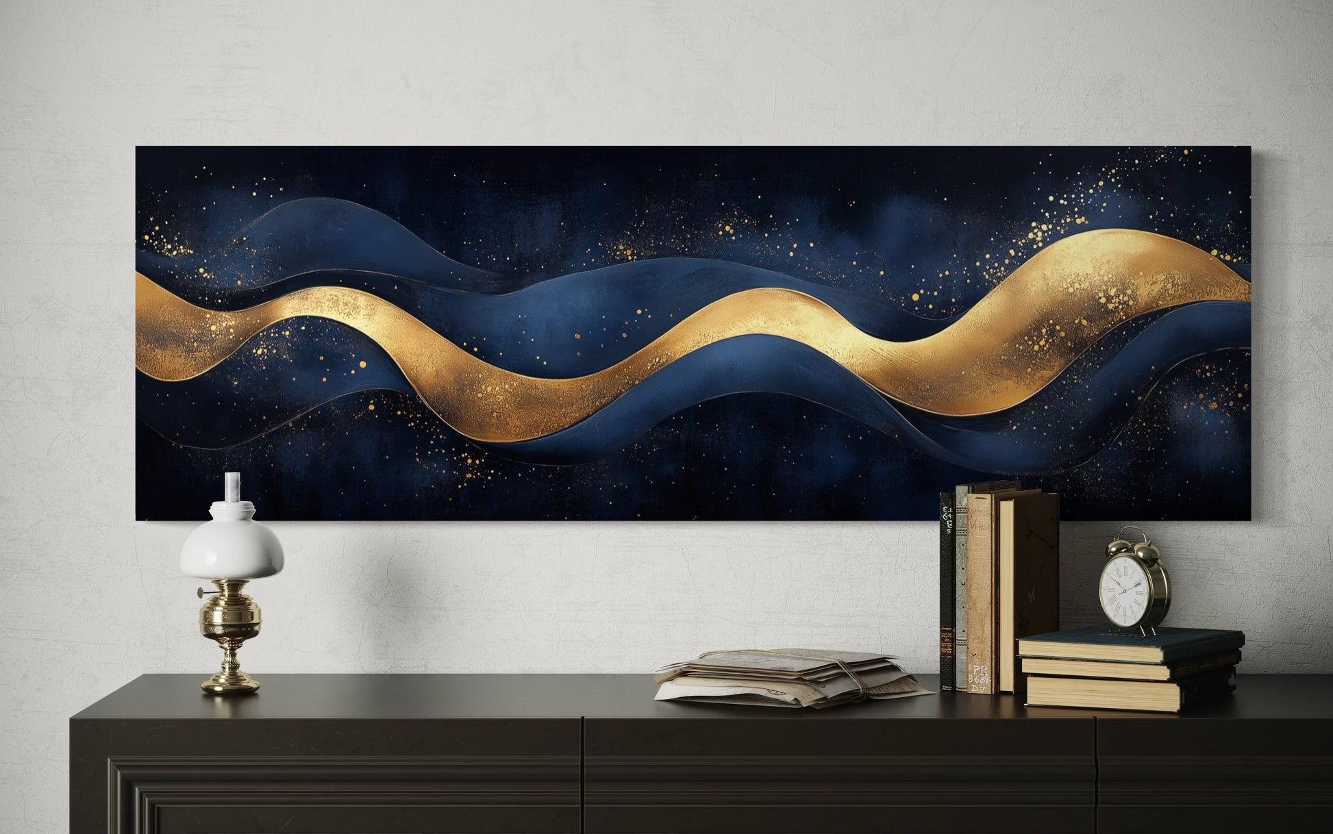 Navy Blue Gold Modern Abstract Above Bed Canvas Wall Art