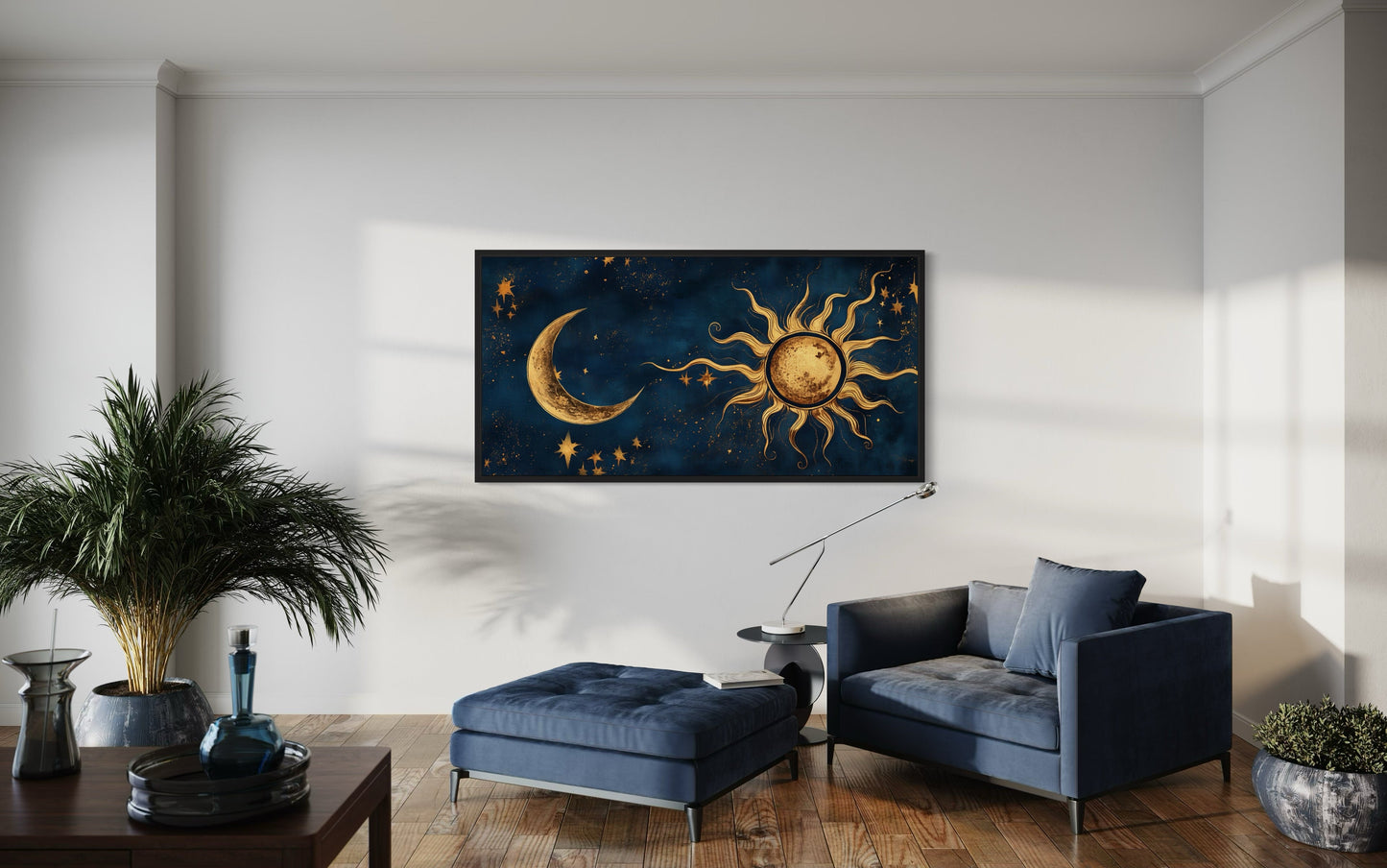 Navy Blue Gold Sun And Moon Celestial Framed Canvas Wall Art