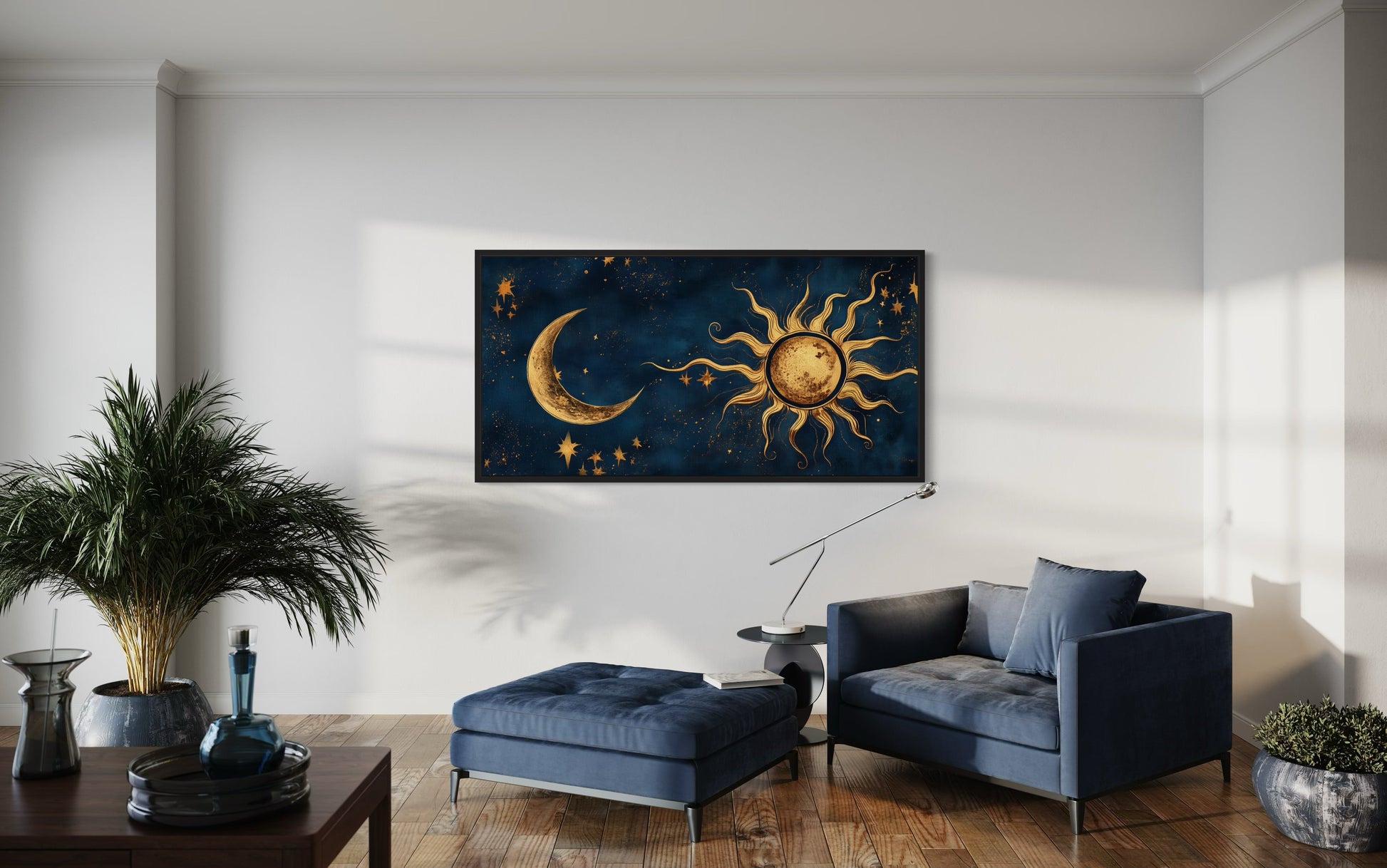 Navy Blue Gold Sun And Moon Celestial Framed Canvas Wall Art