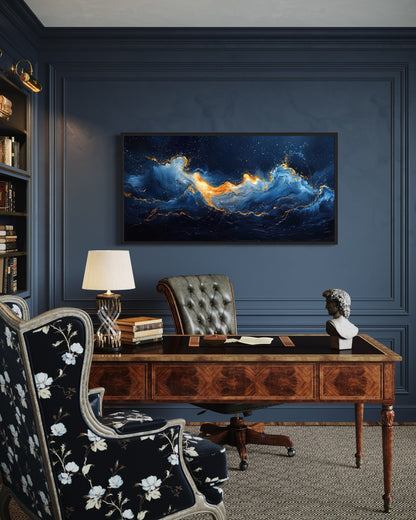 Navy Blue Gold Nautical Wall Art – Abstract Ocean Wave Canvas for Mens Bed