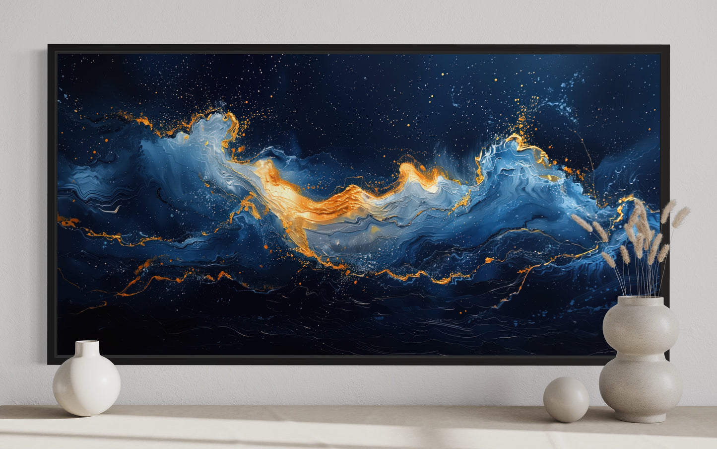 Navy Blue Gold Nautical Wall Art – Abstract Ocean Wave Canvas for Mens Bed