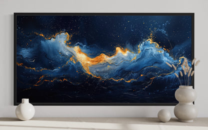 Navy Blue Gold Nautical Wall Art – Abstract Ocean Wave Canvas for Mens Bed