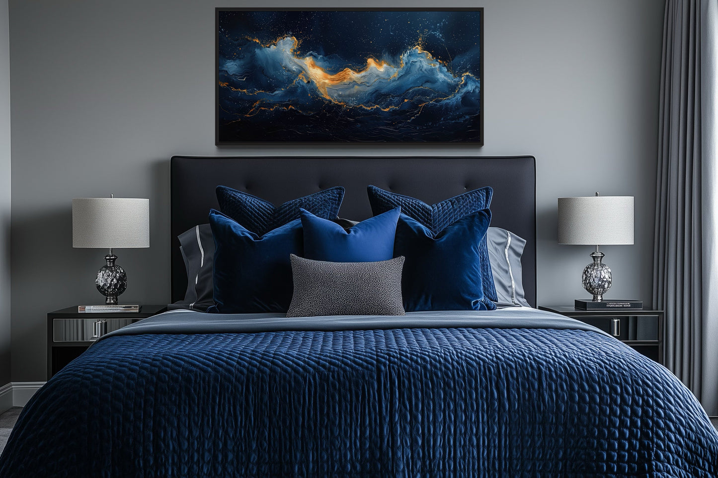 Navy Blue Gold Nautical Wall Art – Abstract Ocean Wave Canvas for Mens Bed