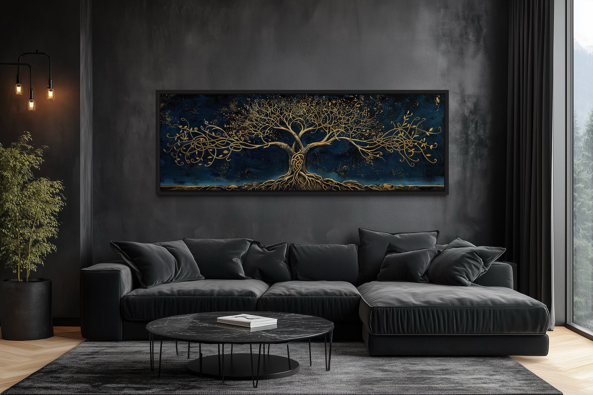 Navy Blue Gold Yggdrasil Panoramic Framed Canvas Wall Art