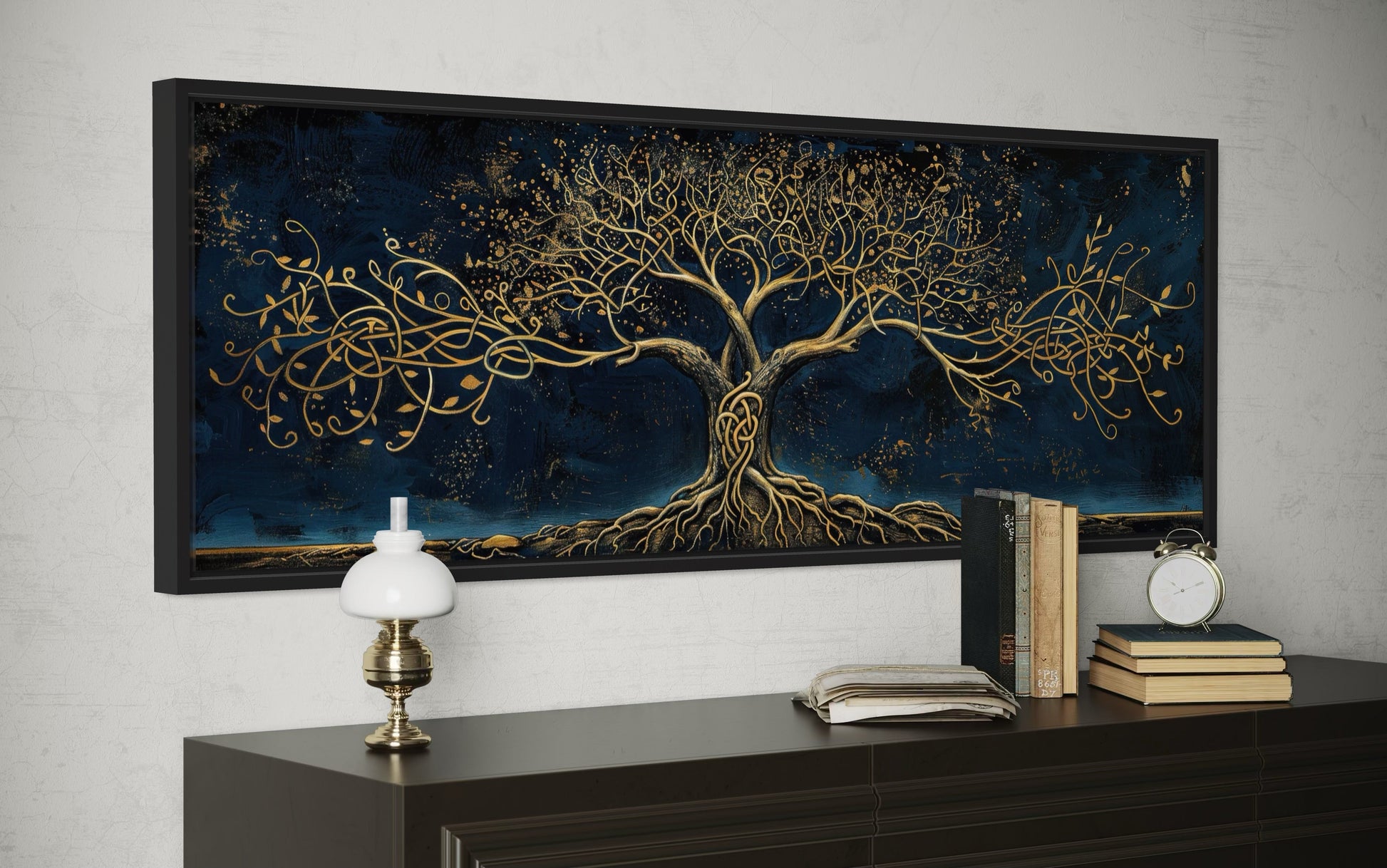 Navy Blue Gold Yggdrasil Panoramic Framed Canvas Wall Art