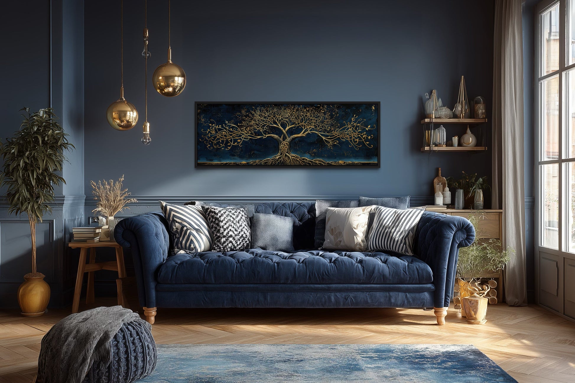 Navy Blue Gold Yggdrasil Panoramic Framed Canvas Wall Art