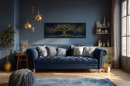 Navy Blue Gold Yggdrasil Panoramic Framed Canvas Wall Art