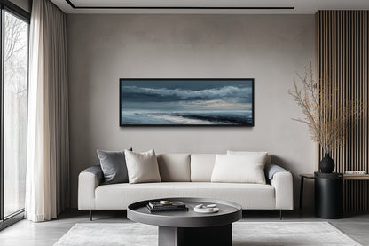 Navy Blue Grey Abstract Ocean Long Horizontal Above Bed Wall Art