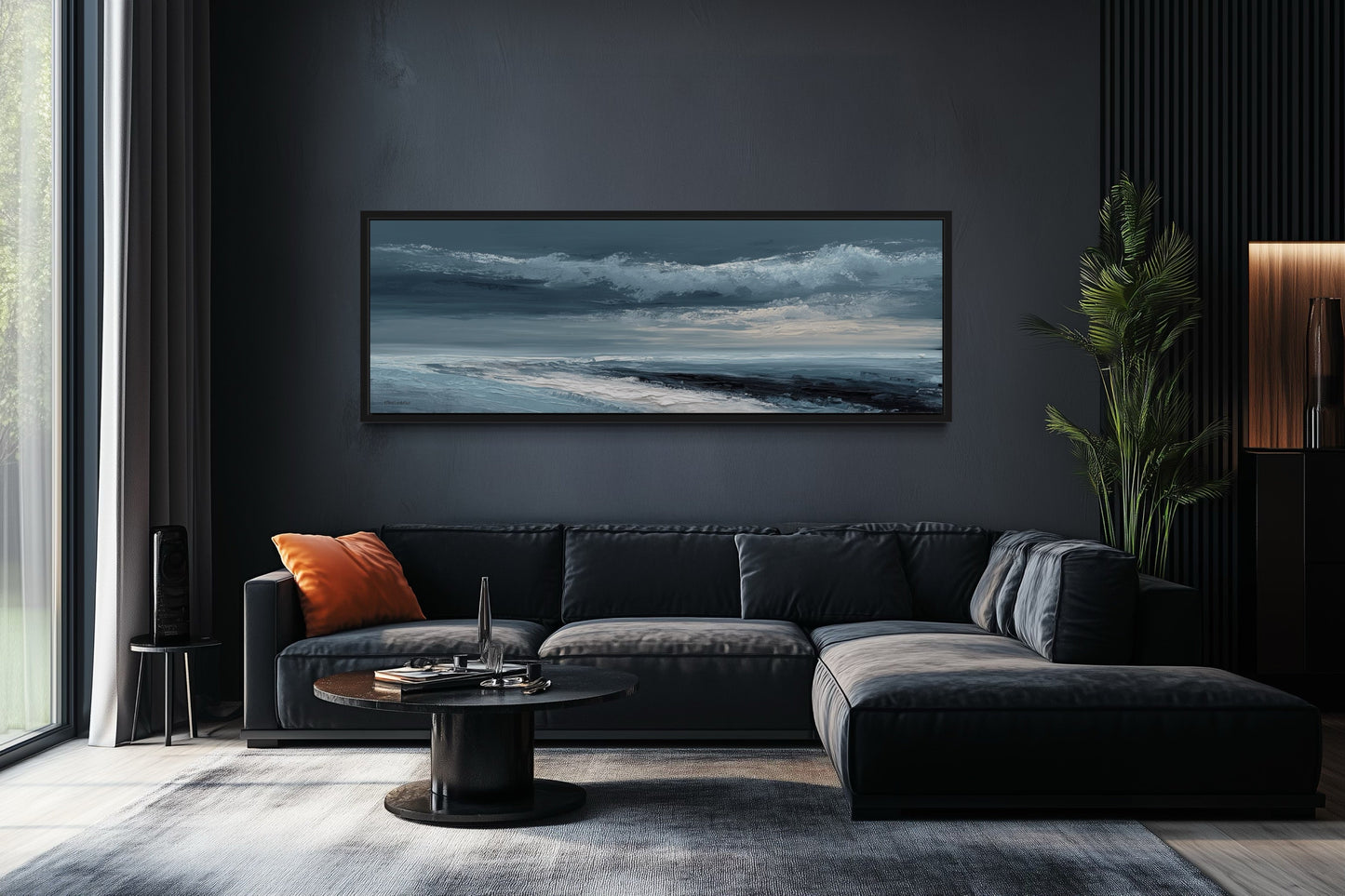 Navy Blue Grey Abstract Ocean Long Horizontal Above Bed Wall Art