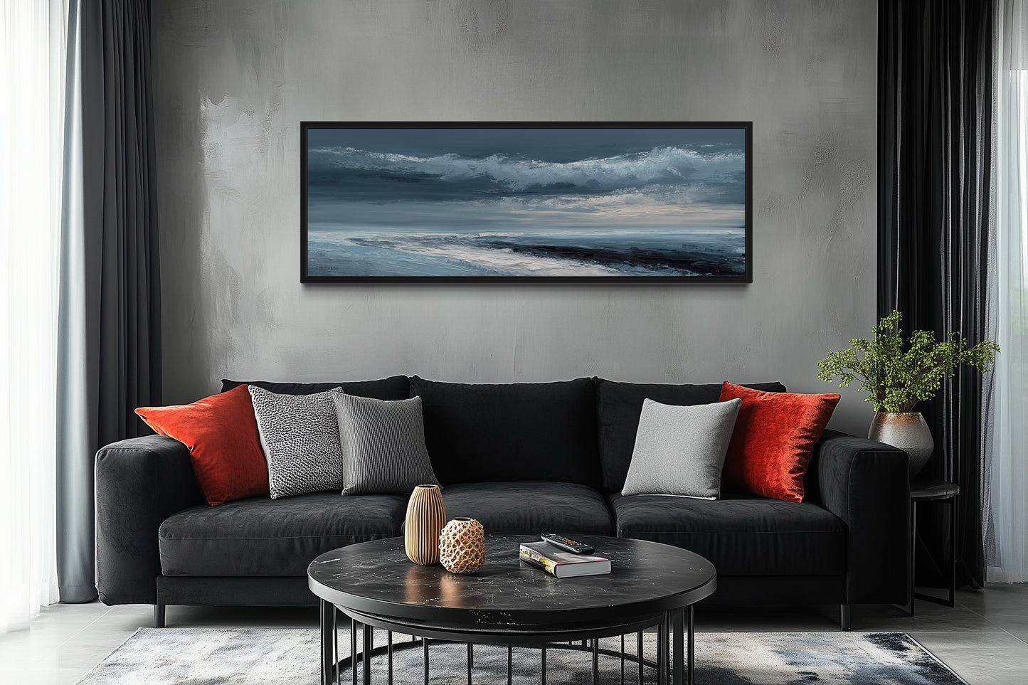 Navy Blue Grey Abstract Ocean Long Horizontal Above Bed Wall Art