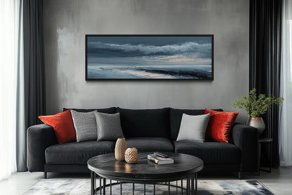 Navy Blue Grey Abstract Ocean Long Horizontal Above Bed Wall Art