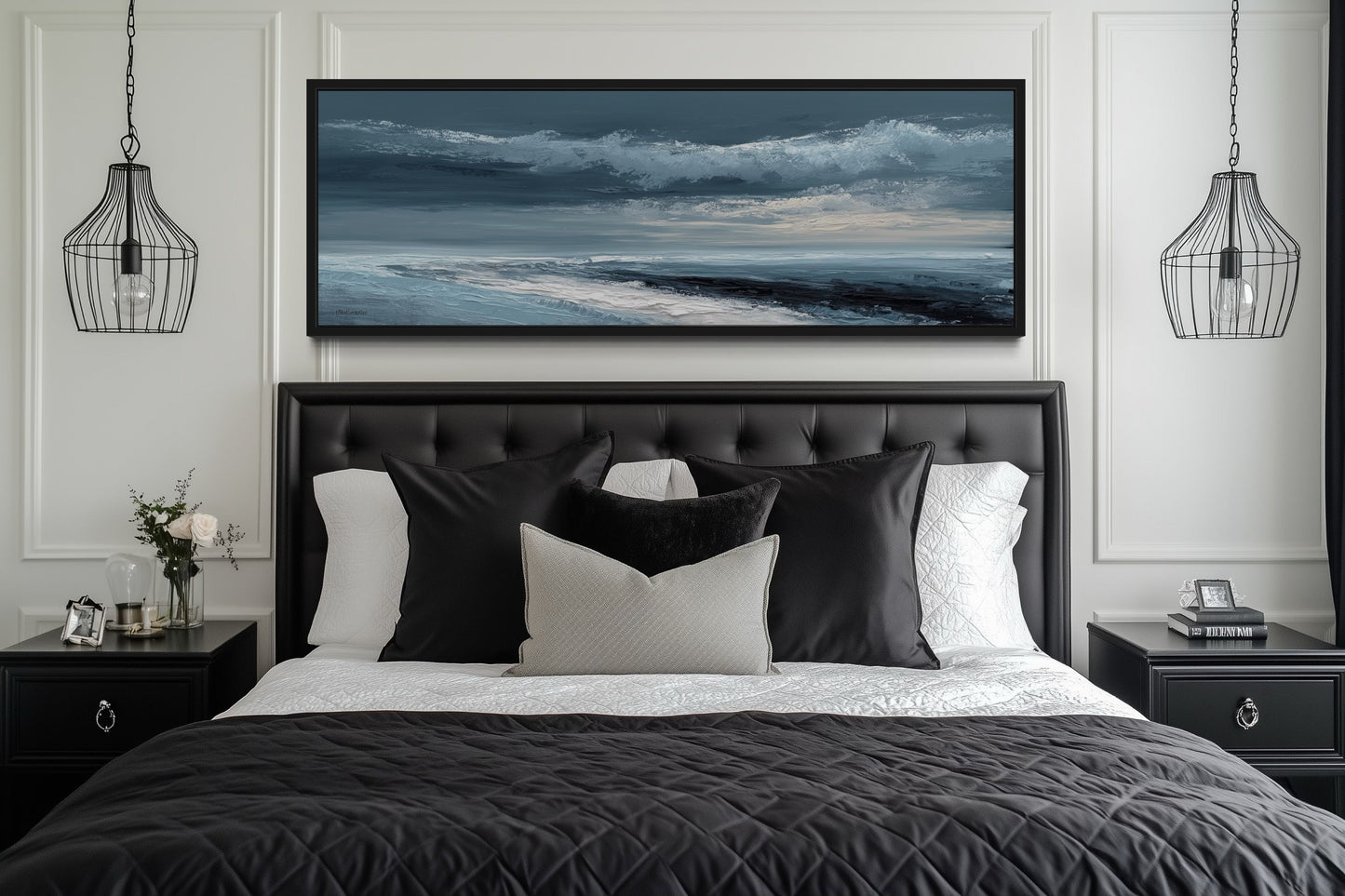 Navy Blue Grey Abstract Ocean Long Horizontal Above Bed Wall Art