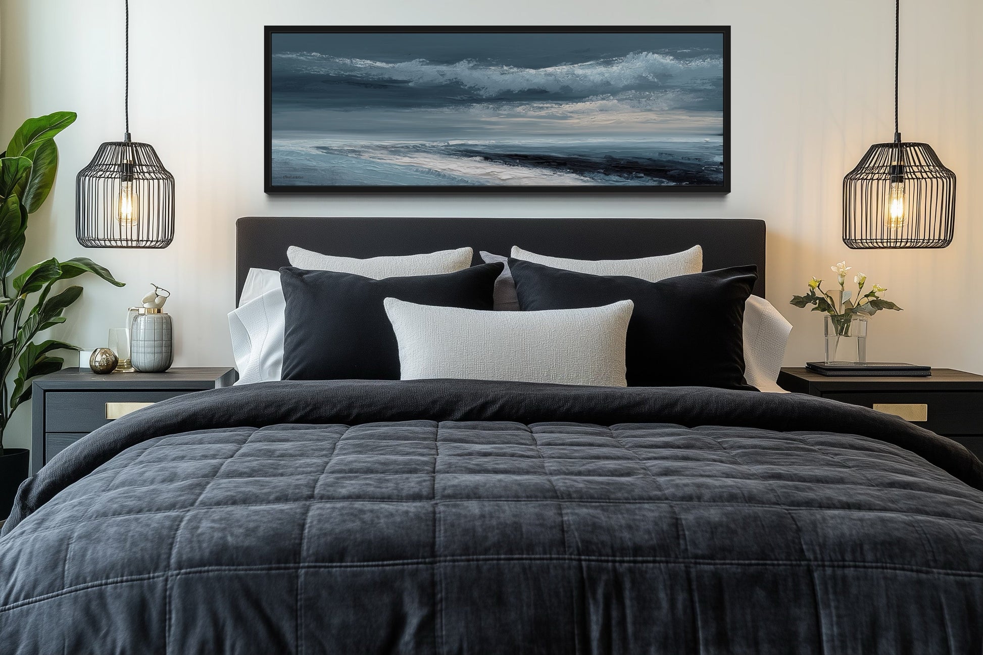Navy Blue Grey Abstract Ocean Long Horizontal Above Bed Wall Art