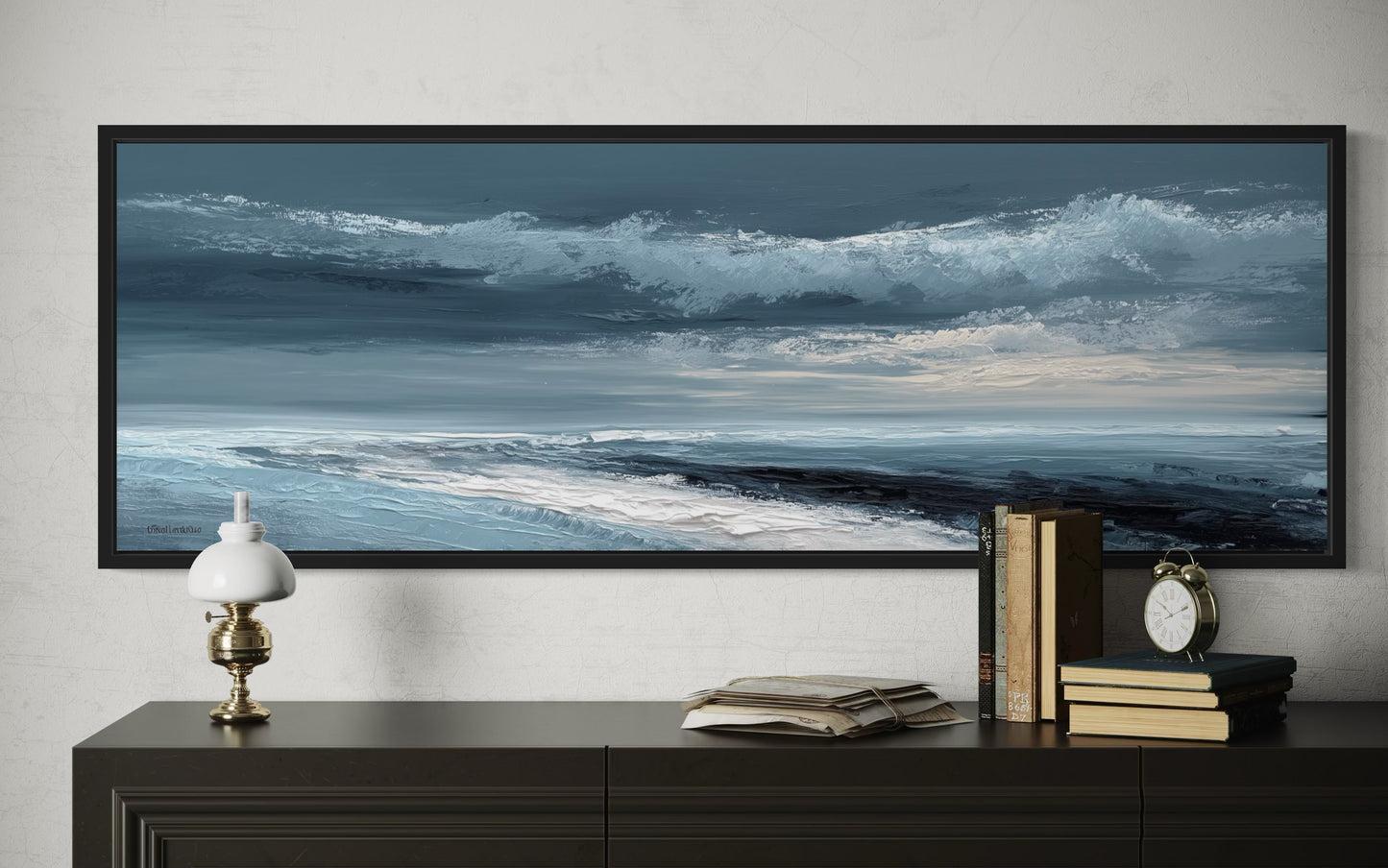 Navy Blue Grey Abstract Ocean Long Horizontal Above Bed Wall Art