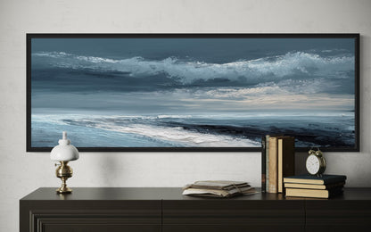 Navy Blue Grey Abstract Ocean Long Horizontal Above Bed Wall Art