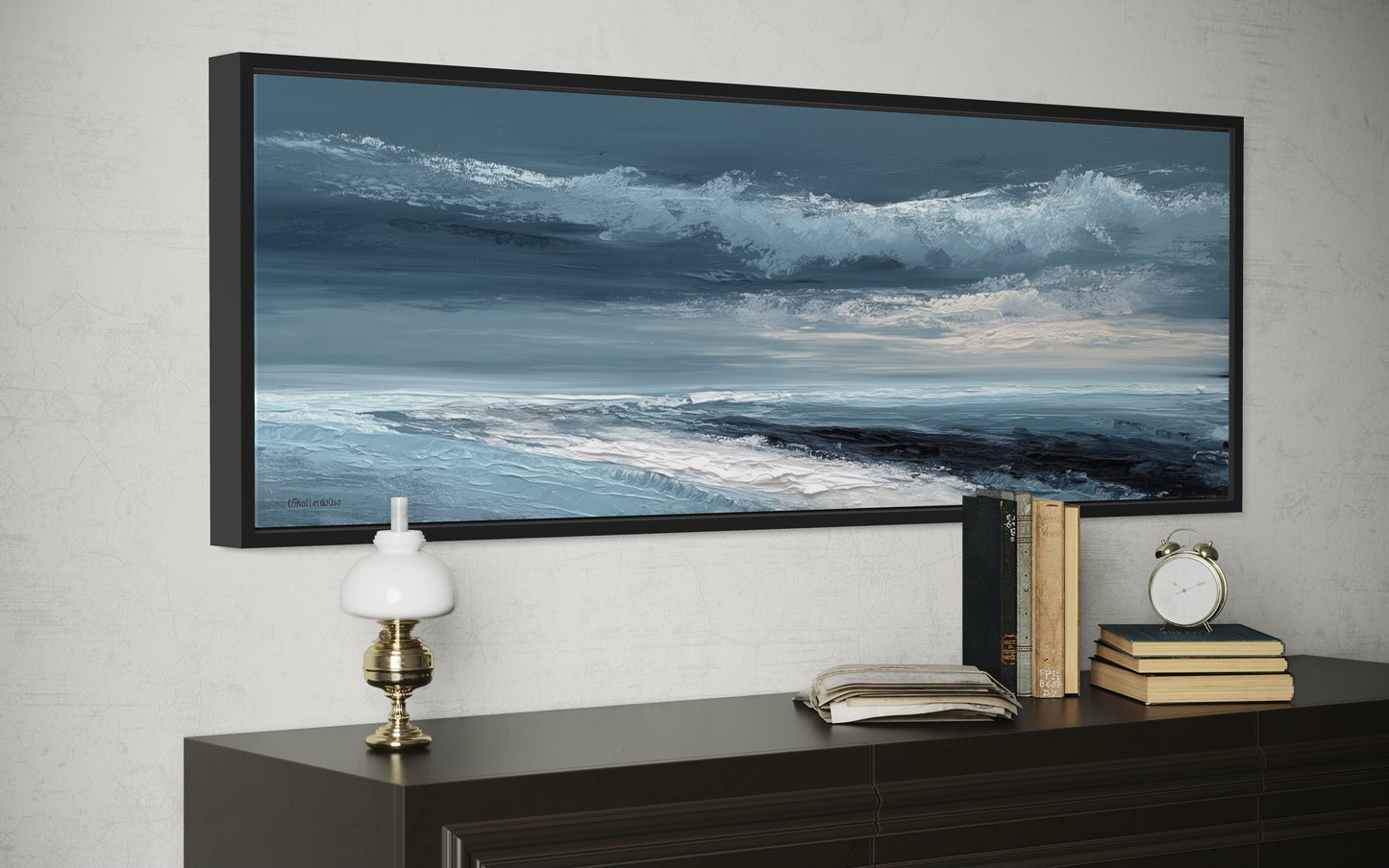 Navy Blue Grey Abstract Ocean Long Horizontal Above Bed Wall Art