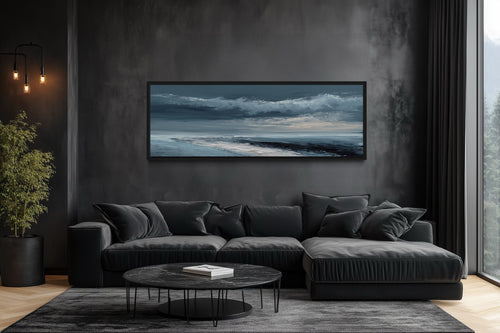 Navy Blue Grey Abstract Ocean Long Horizontal Above Bed Wall Art