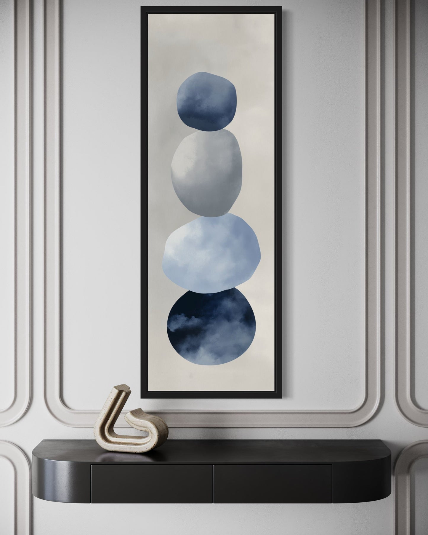 Navy Blue Grey Beige Shapes Vertical Narrow Canvas Wall Art