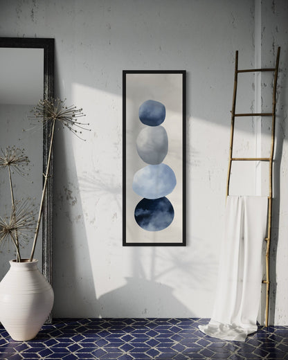 Navy Blue Grey Beige Shapes Vertical Narrow Canvas Wall Art