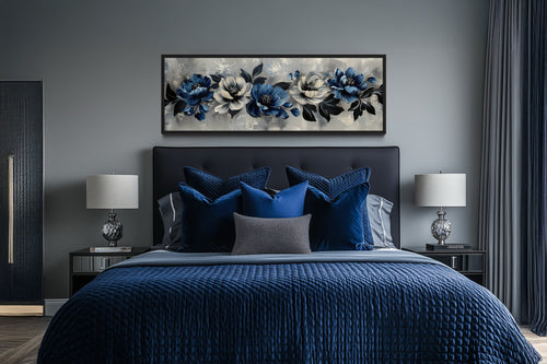 Navy Blue Grey White Floral Above Bed Horizontal Framed Canvas Wall Art