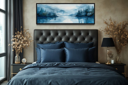 Navy Blue Lake Landscape Long Narrow Horizontal Wall Art