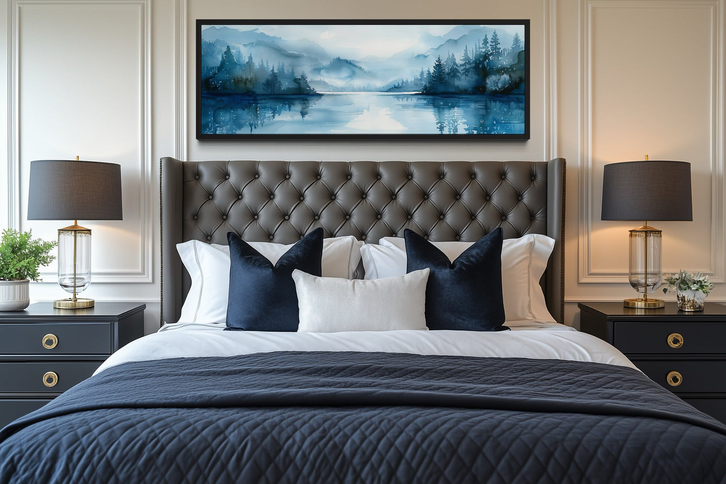 Navy Blue Lake Landscape Long Narrow Horizontal Wall Art