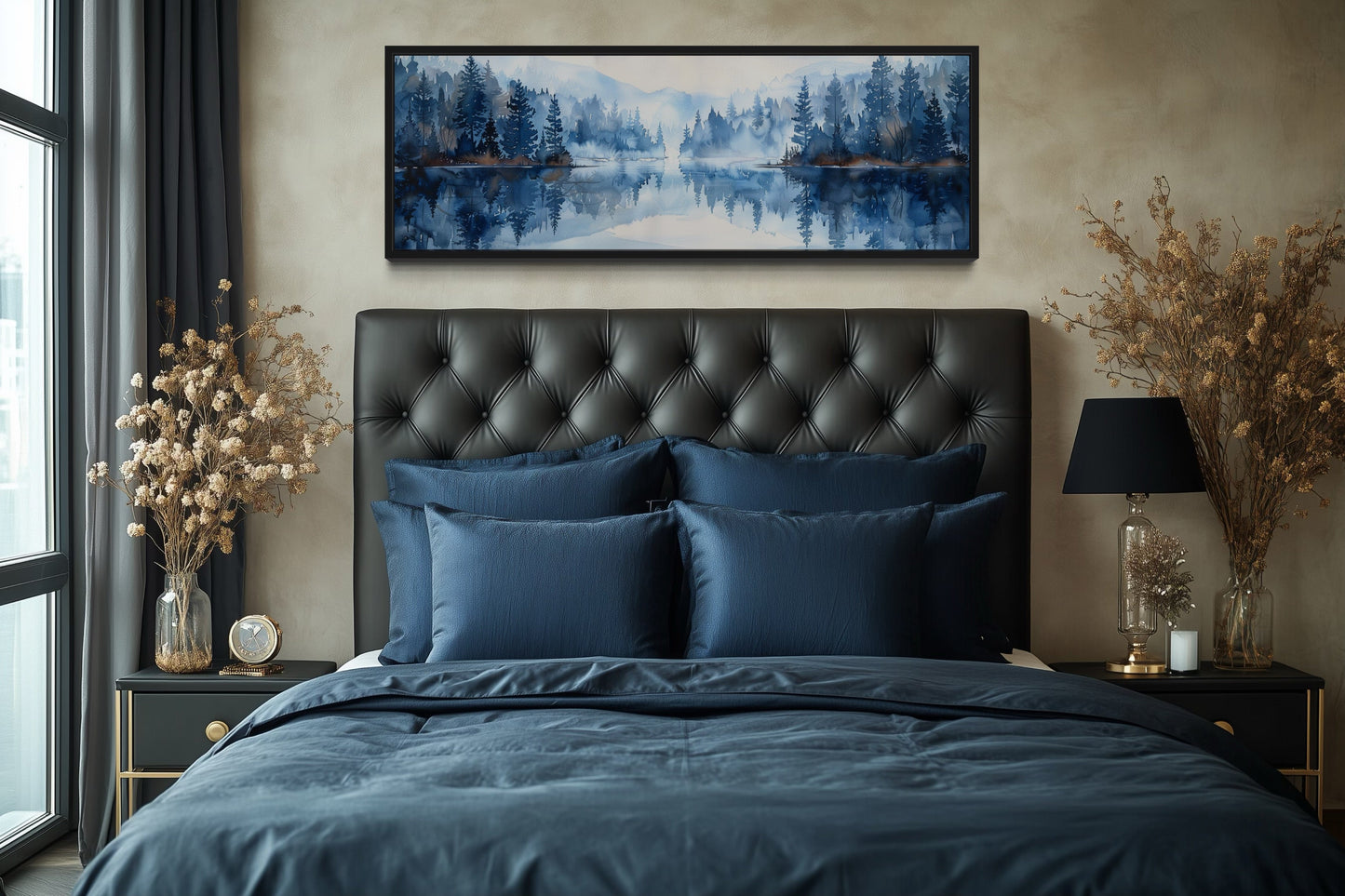 Navy Blue Lake Long Narrow Horizontal Landscape Above Bed Wall Decor Canvas Wall Art