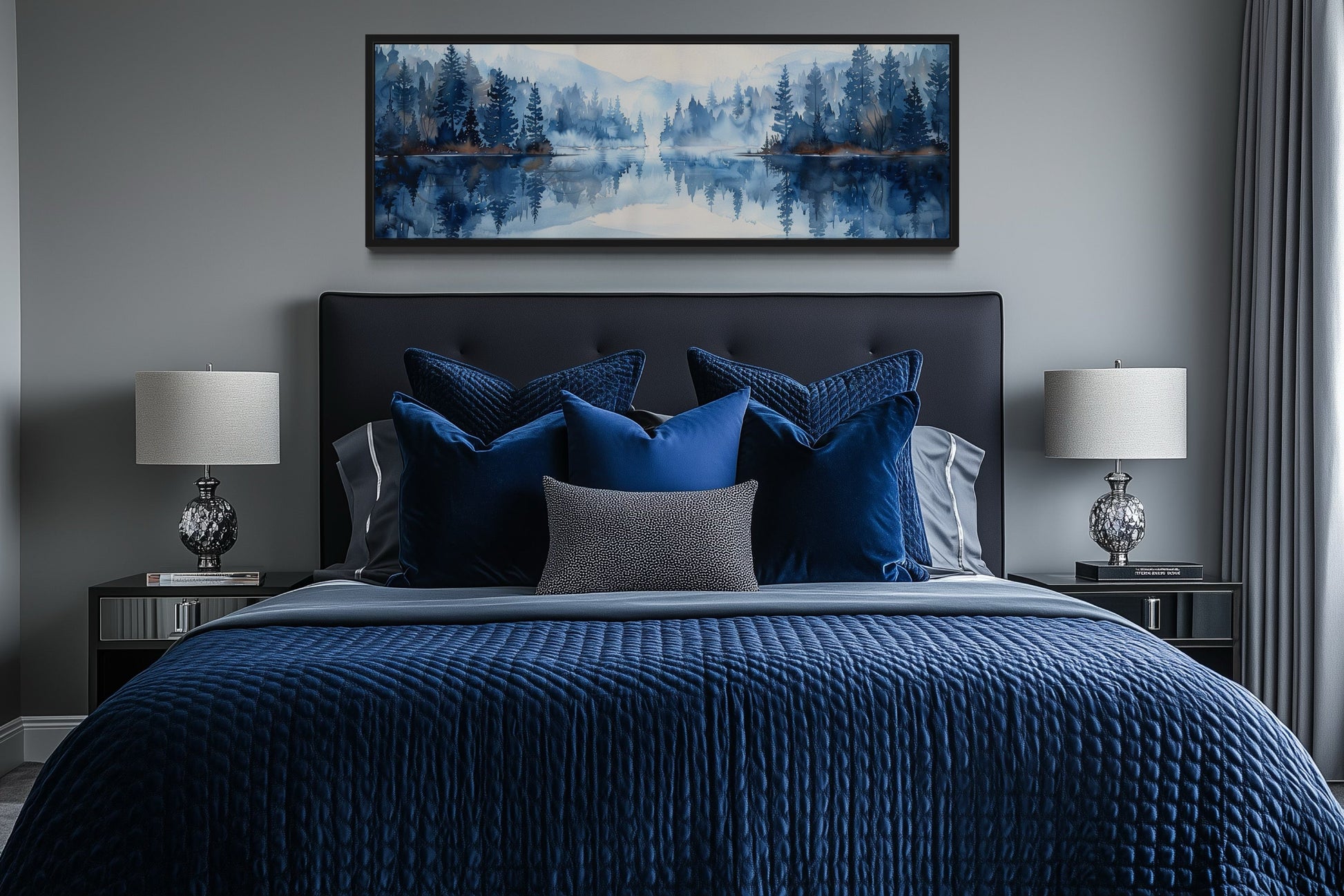 Navy Blue Lake Long Narrow Horizontal Landscape Above Bed Wall Decor Canvas Wall Art