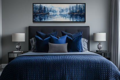 Navy Blue Lake Long Narrow Horizontal Landscape Above Bed Wall Decor Canvas Wall Art