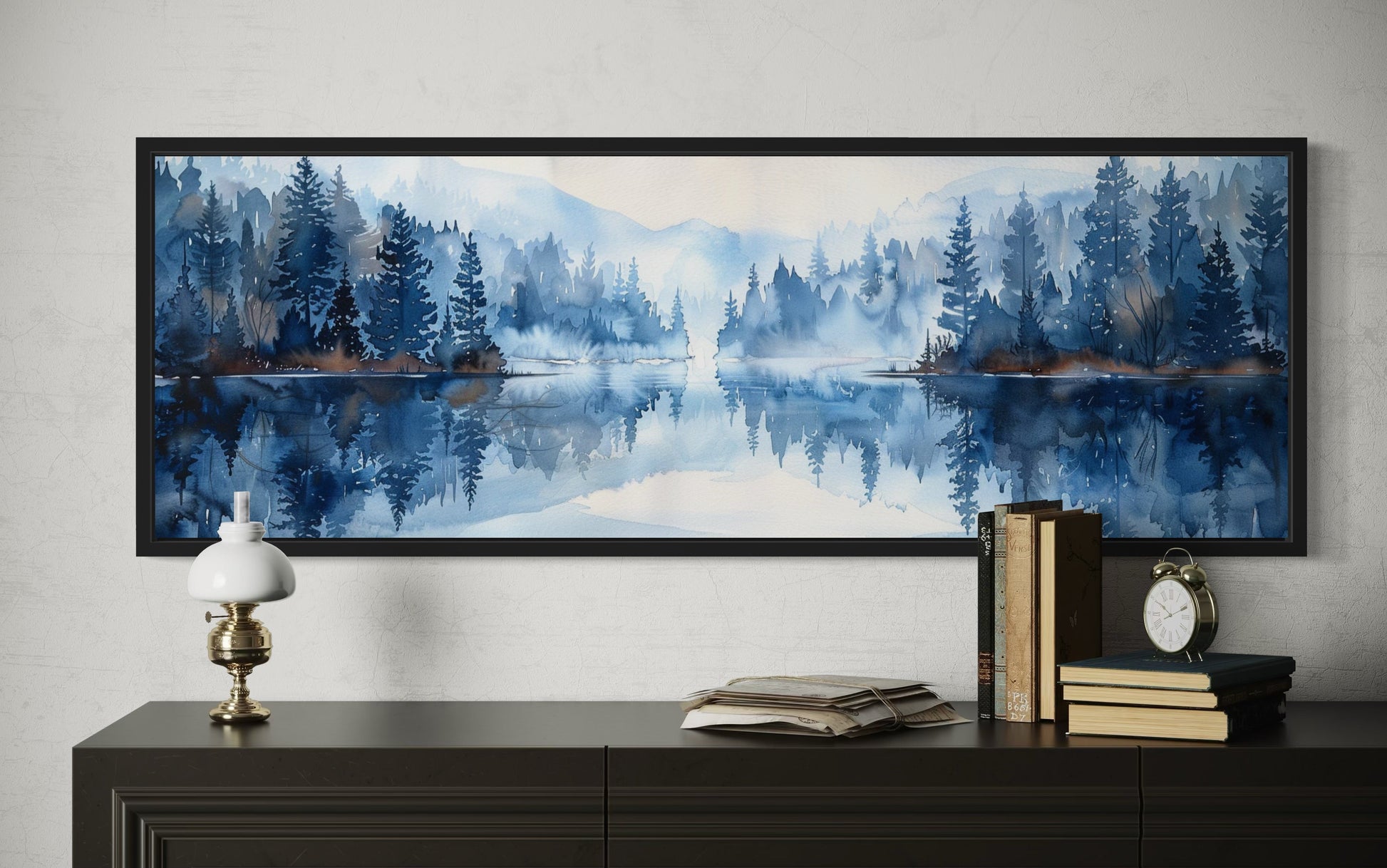Navy Blue Lake Long Narrow Horizontal Landscape Above Bed Wall Decor Canvas Wall Art