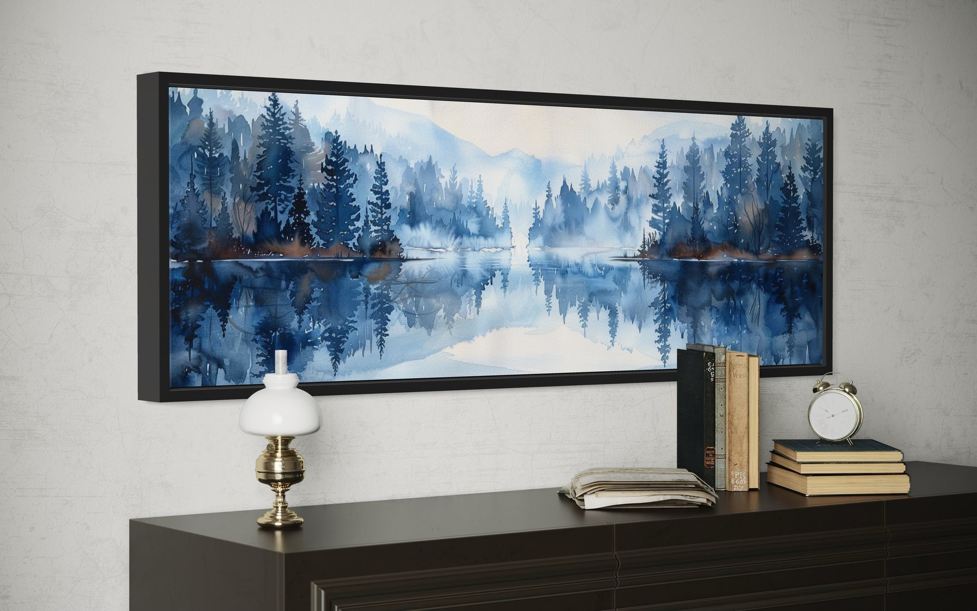 Navy Blue Lake Long Narrow Horizontal Landscape Above Bed Wall Decor Canvas Wall Art