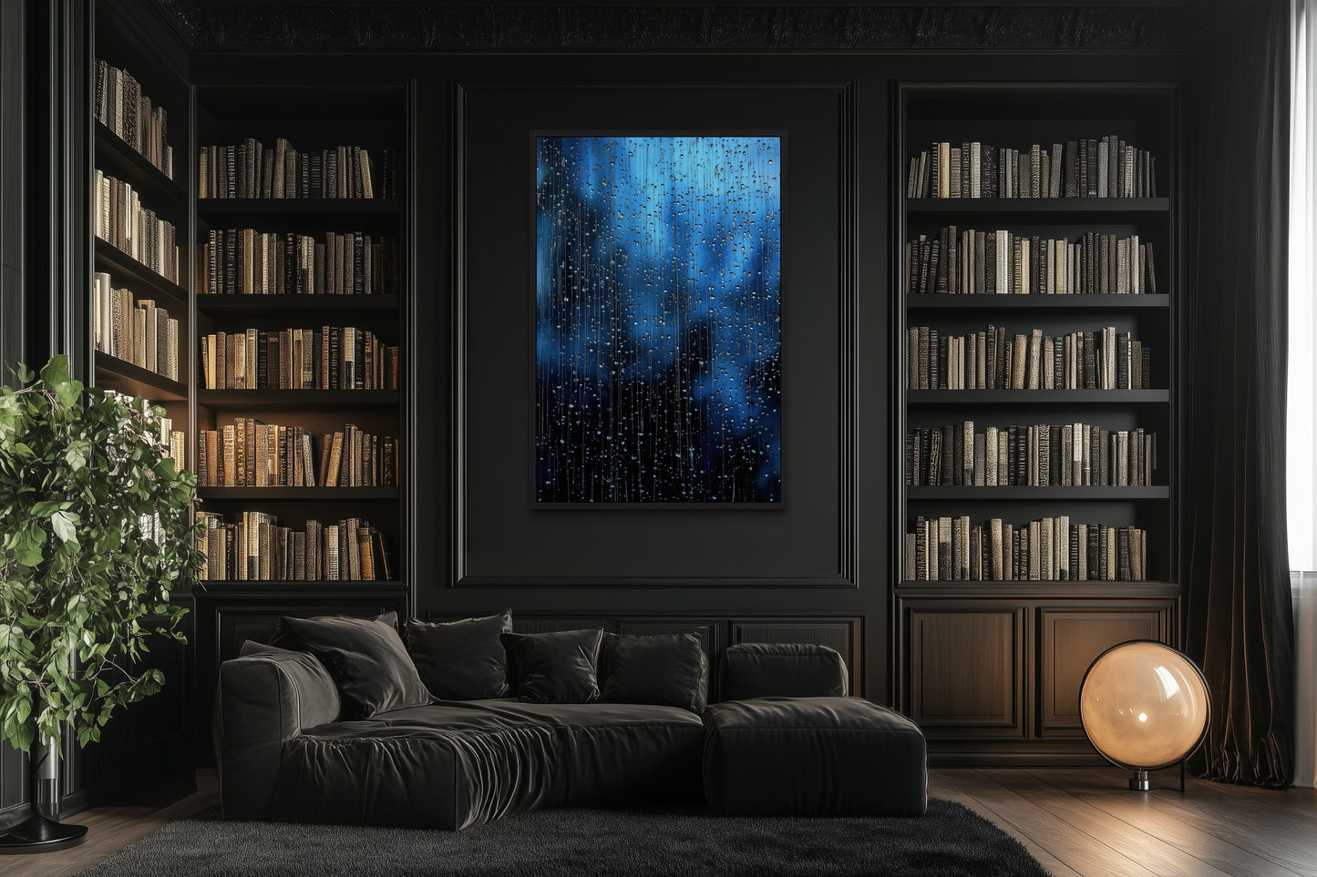 Navy Blue Rain Drops Framed Canvas Wall Art