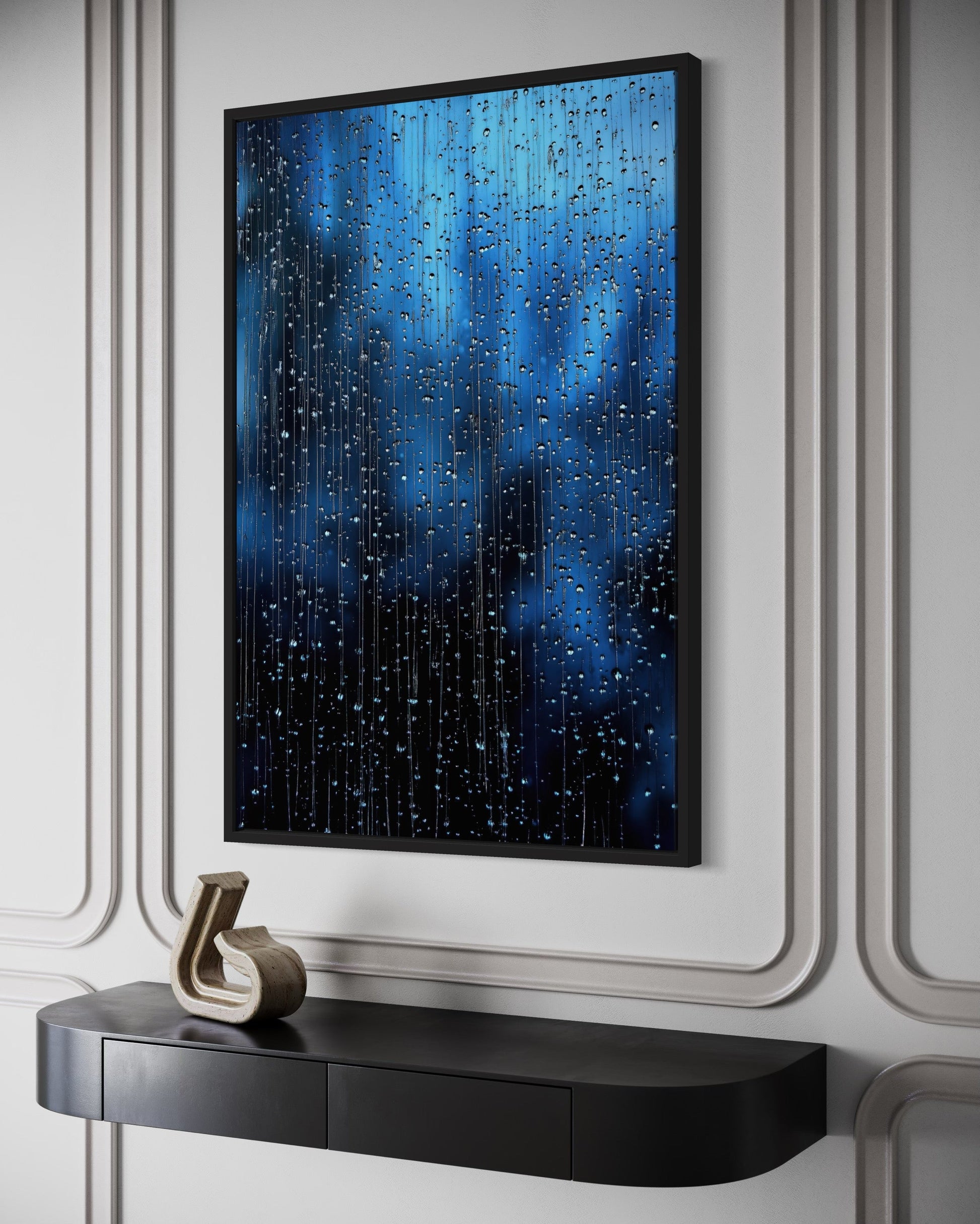Navy Blue Rain Drops Framed Canvas Wall Art