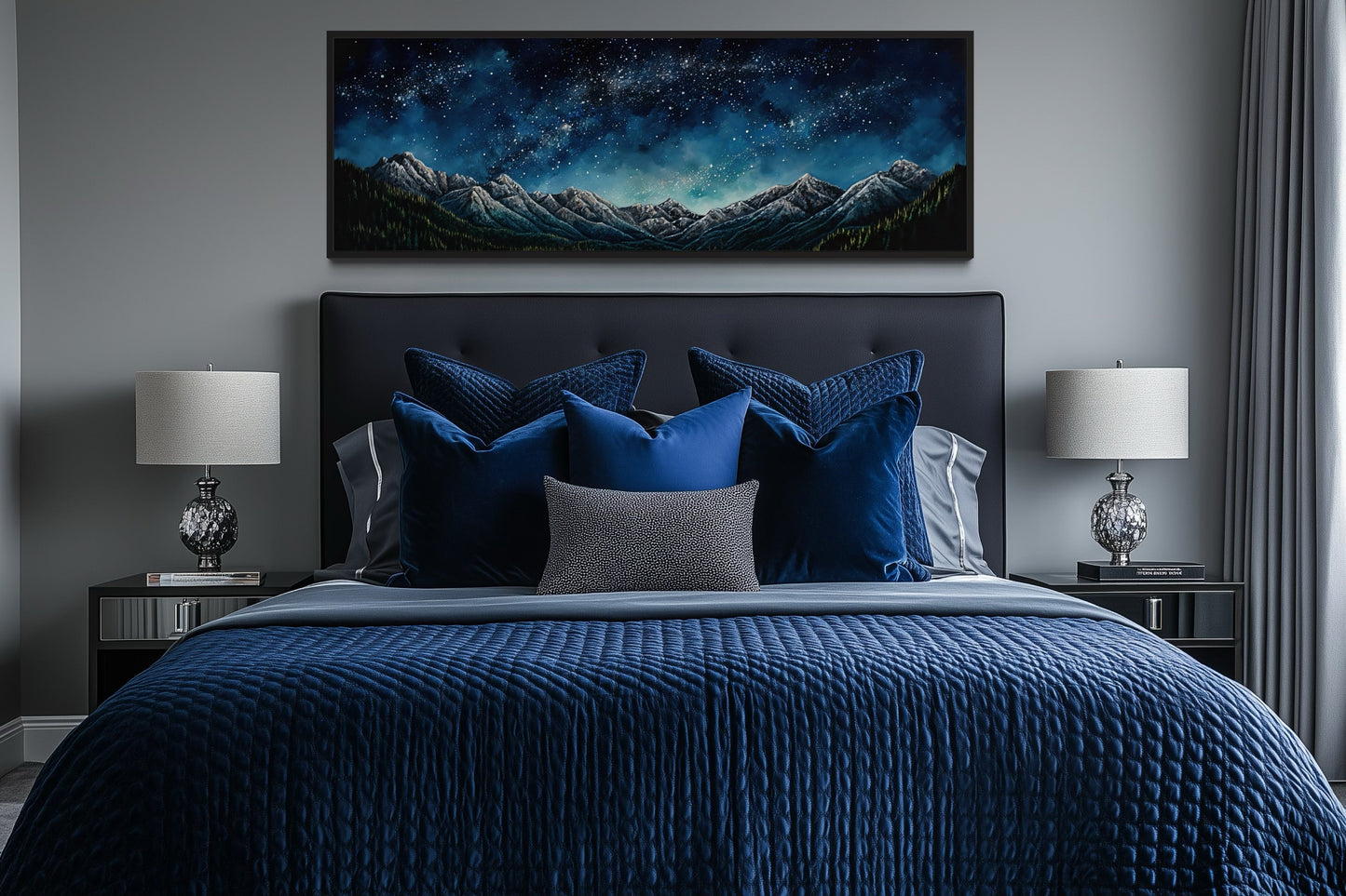 Navy Blue Starry Night Sky Over Mountains Horizontal Framed Canvas Wall Art