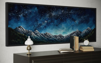 Navy Blue Starry Night Sky Over Mountains Horizontal Framed Canvas Wall Art