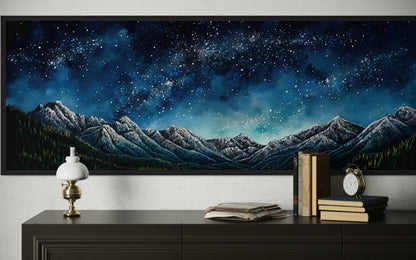 Navy Blue Starry Night Sky Over Mountains Horizontal Framed Canvas Wall Art