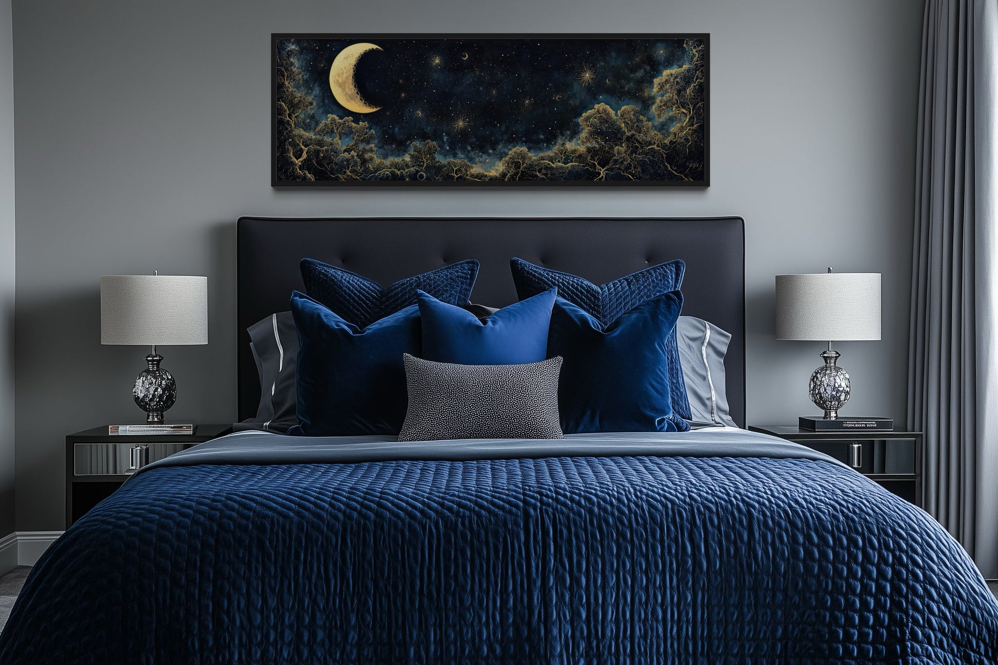 Navy Blue and Gold Moon Crescent Long Horizontal Wall Art Above Bed Decor