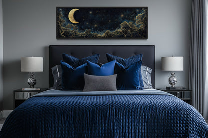 Navy Blue and Gold Moon Crescent Long Horizontal Wall Art Above Bed Decor