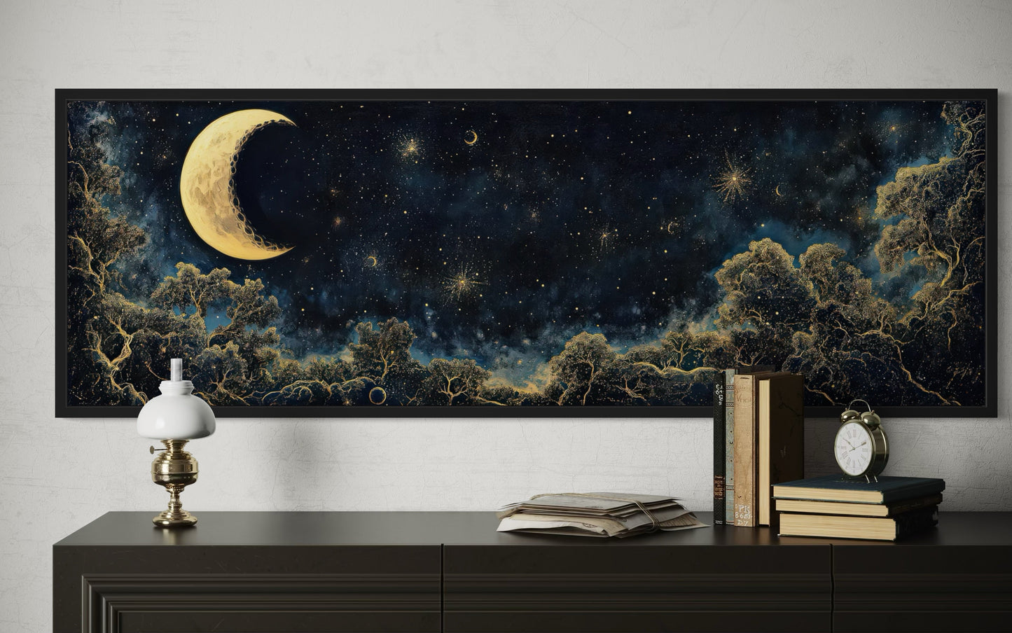 Navy Blue and Gold Moon Crescent Long Horizontal Wall Art Above Bed Decor