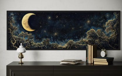 Navy Blue and Gold Moon Crescent Long Horizontal Wall Art Above Bed Decor