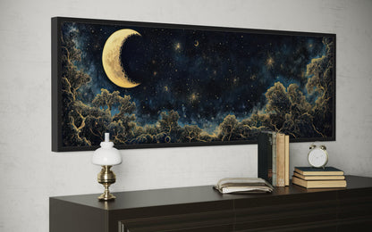 Navy Blue and Gold Moon Crescent Long Horizontal Wall Art Above Bed Decor