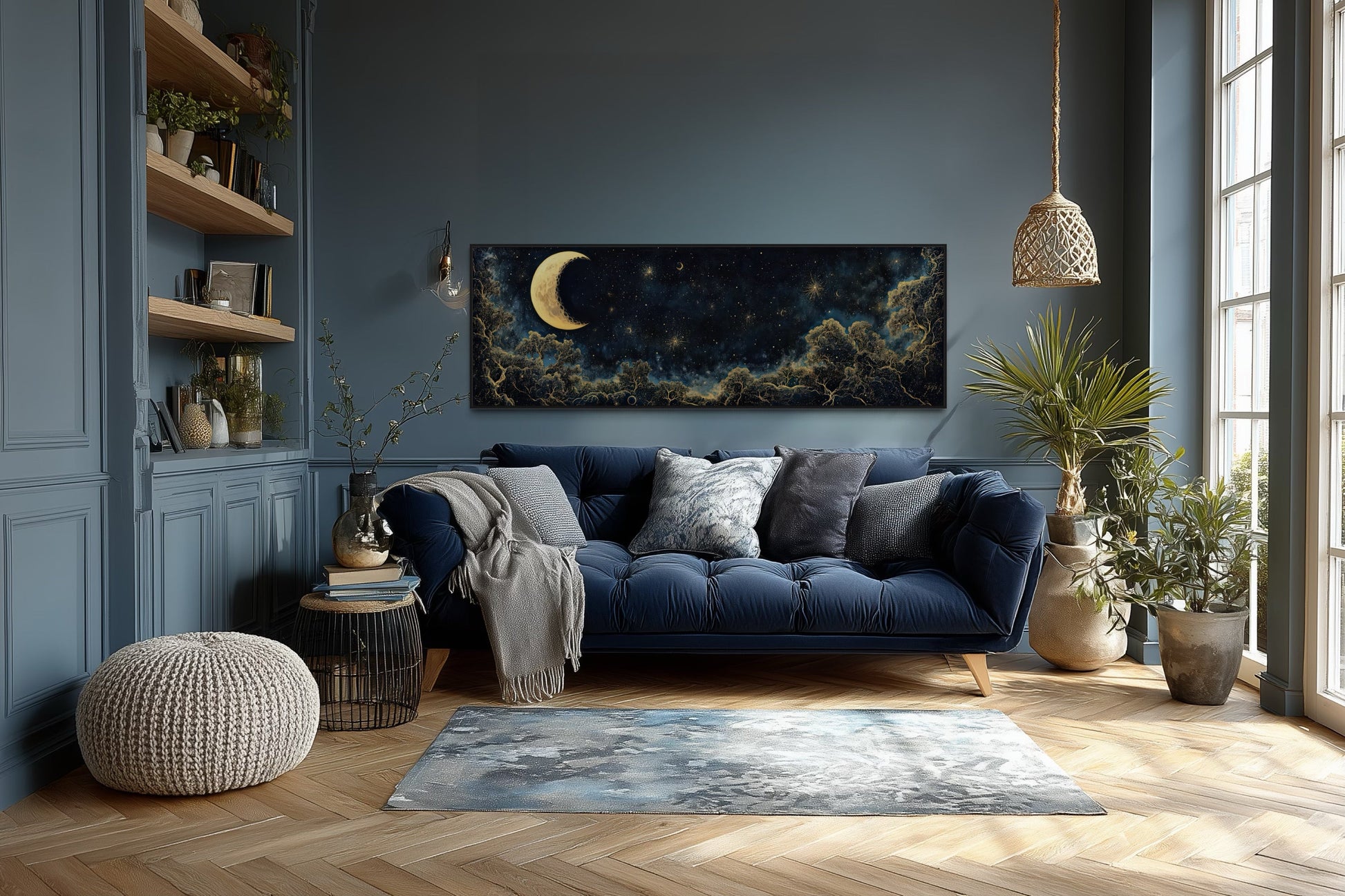 Navy Blue and Gold Moon Crescent Long Horizontal Wall Art Above Bed Decor