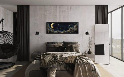 Navy Blue and Gold Moon Crescent Long Horizontal Wall Art Above Bed Decor