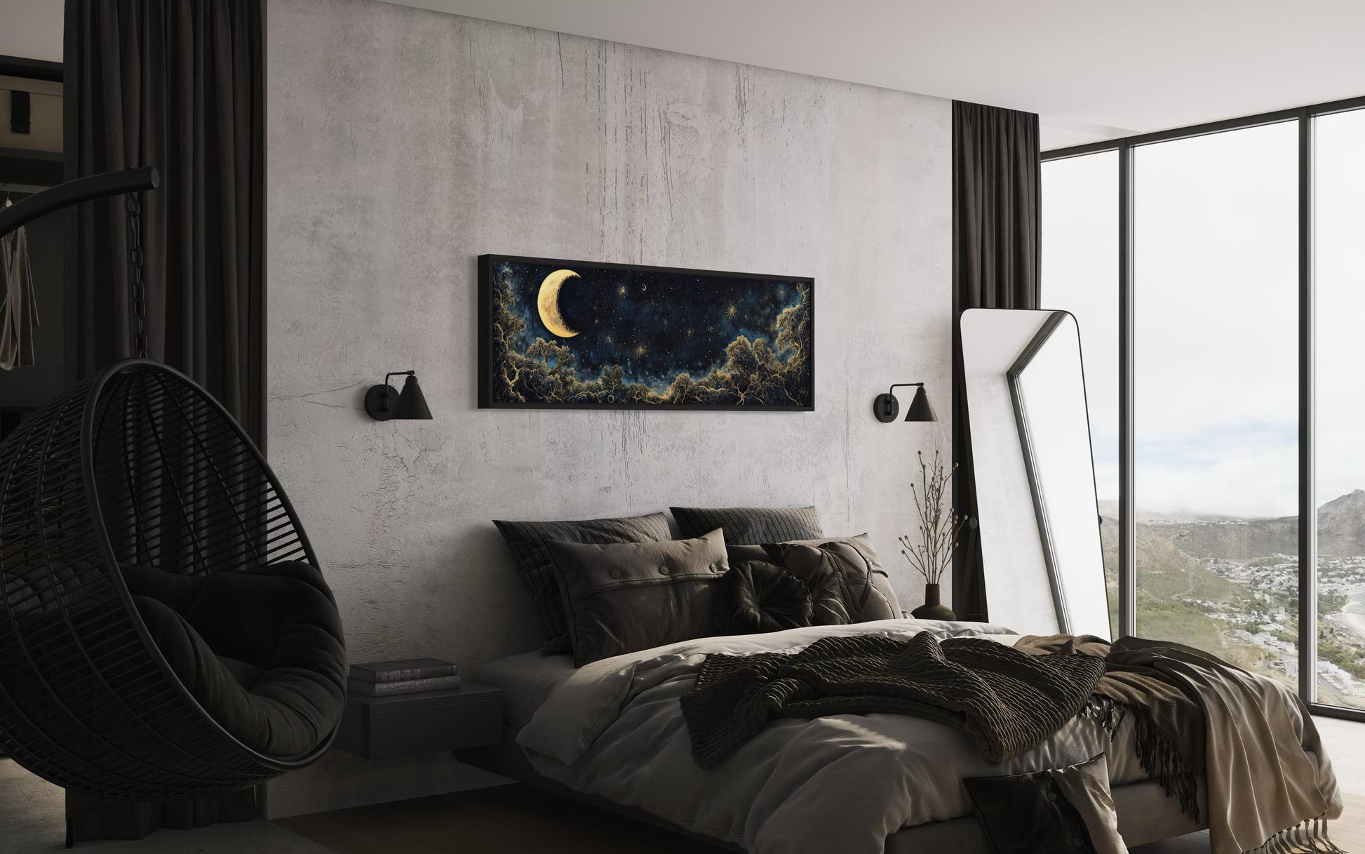 Navy Blue and Gold Moon Crescent Long Horizontal Wall Art Above Bed Decor