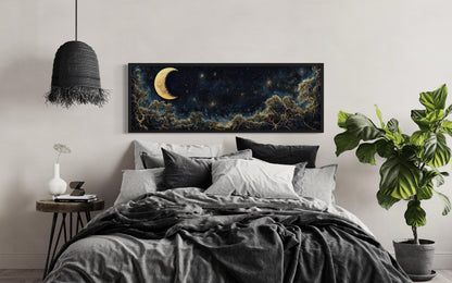Navy Blue and Gold Moon Crescent Long Horizontal Wall Art Above Bed Decor