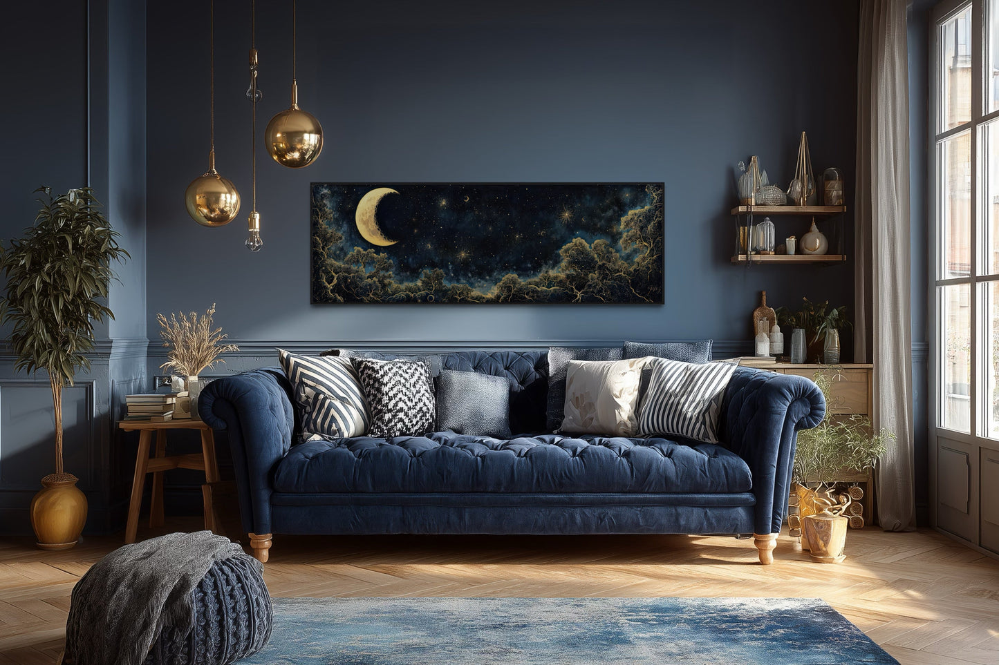 Navy Blue and Gold Moon Crescent Long Horizontal Wall Art Above Bed Decor